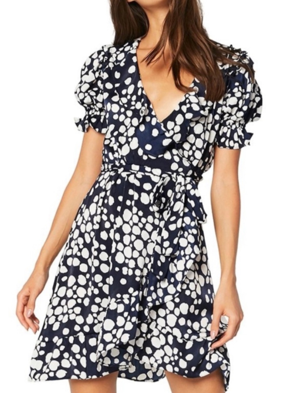 Misa Los Angeles Everly Mini Wrap Dress Blue White Polka Dot Ruffle size Small